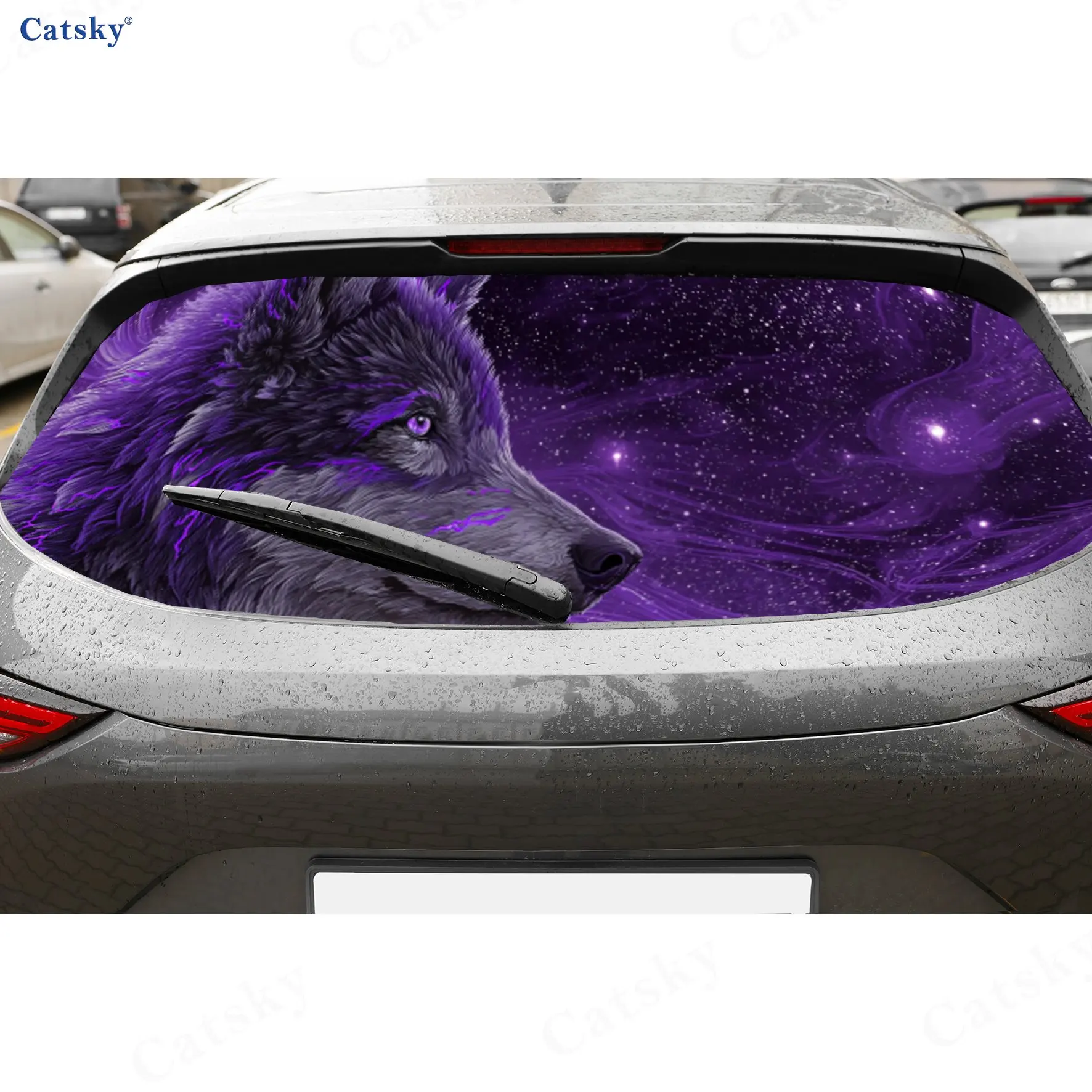 

Purple Neon Wolf Cosmic Adventure PVC Perforated Car Vinyl Wraps, Durable Car Rear Windshield Sticker, Waterproof Car Rear Windo