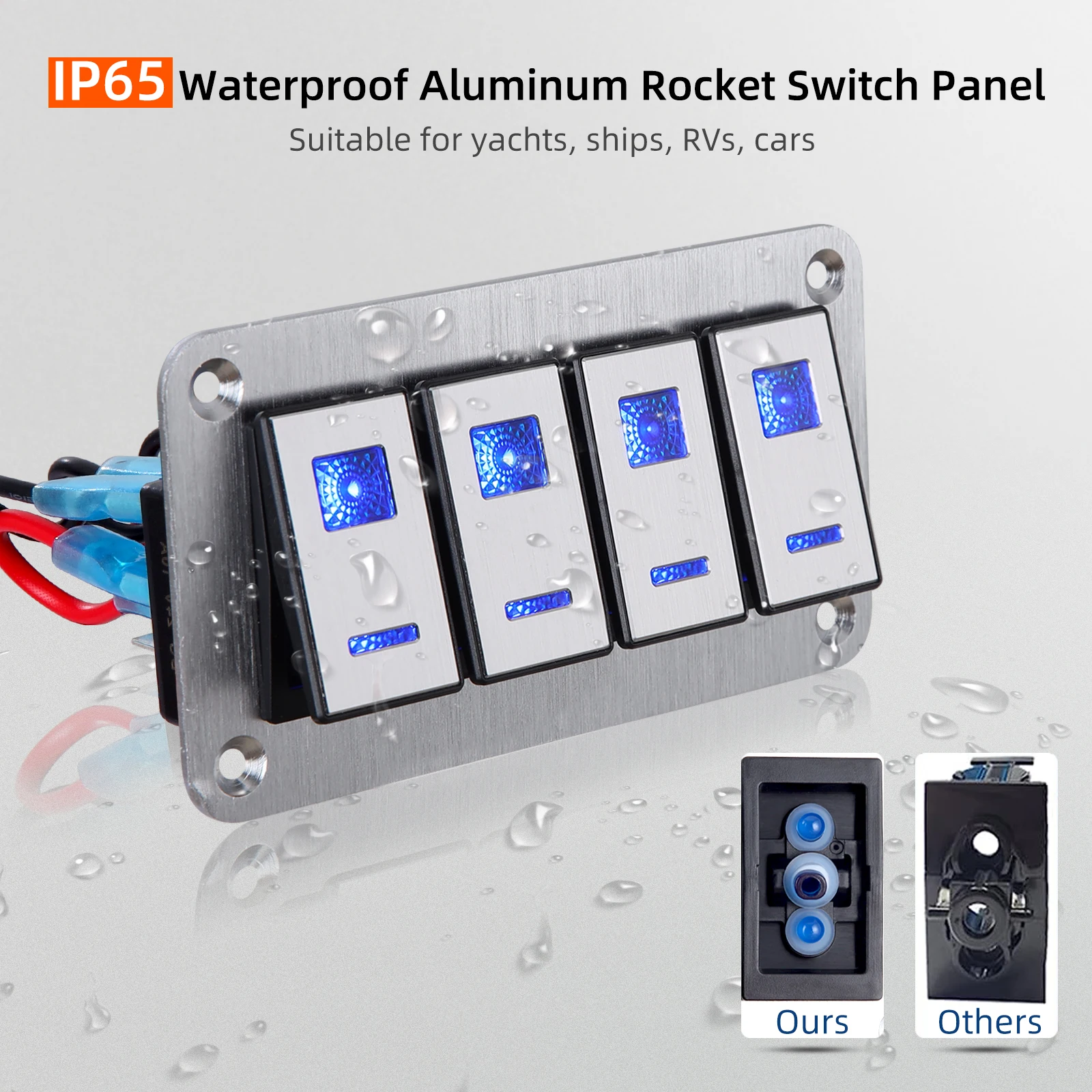 

Waterproof 4 Gang Rocker Switch Panel 12-24V 5 Pin ON/OFF Toggle Switch Aluminum Panel Blue Backlight LED Car Truck Boat Trailer