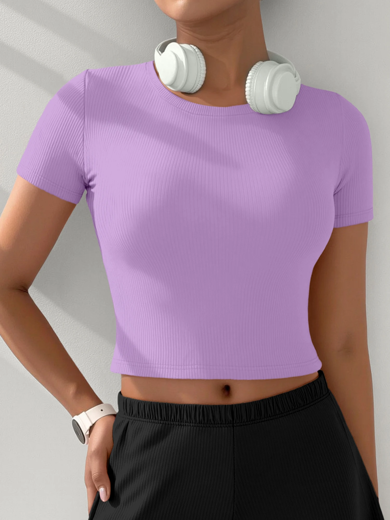 All‑Season Ribbed Crew‑Neck Cropped Base Top, Elastic Short‑Sleeve Shirt for Mix‑and‑Match Daily Wardrobe