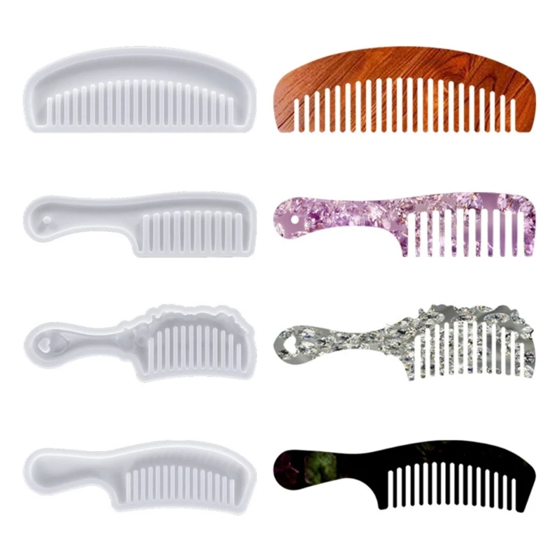 R3MC 4 Styles Hair Comb Resin Molds Craft Tools Comb Resin Molds DIY Hair Styling Comb Tool Comb Silicone Mold with Handle