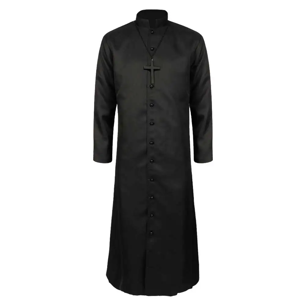 Men Male Priest Cosplay Robe Costume Jacket Black Cloak Church Clothing Outfits Fantasy Halloween Carnival Party Disguise Suit