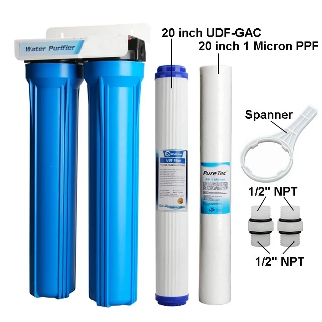 20 Inch 2 Level Water Filter Explosion-Proof Water Purifier Filter Bottle With 20UDF-GAC-1 Micron PPF All Fittings And Spanner