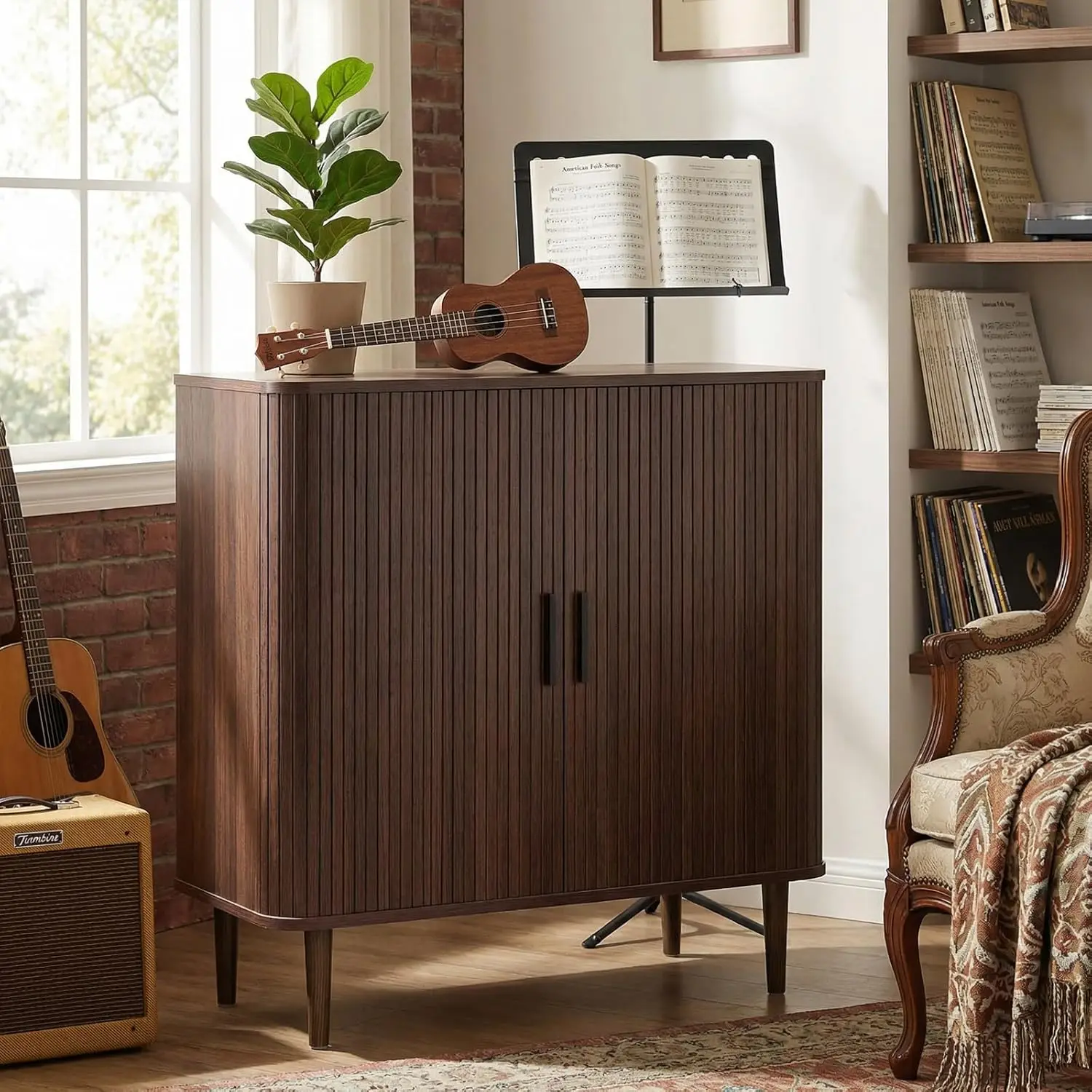 

35" Fluted Buffet Sideboard Walnut Sliding Door Mid Century Wood Leg Wine Bar Console Kitchen Entryway, Customized
