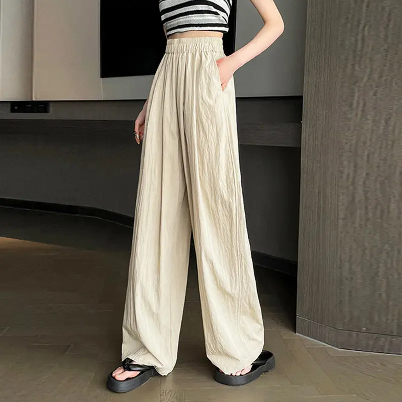 

Women Ankle-Length Wide Leg Pants Casual Summer Solid Elastic Waist Loose Ice Silk Pants Spring Summer Female Trousers