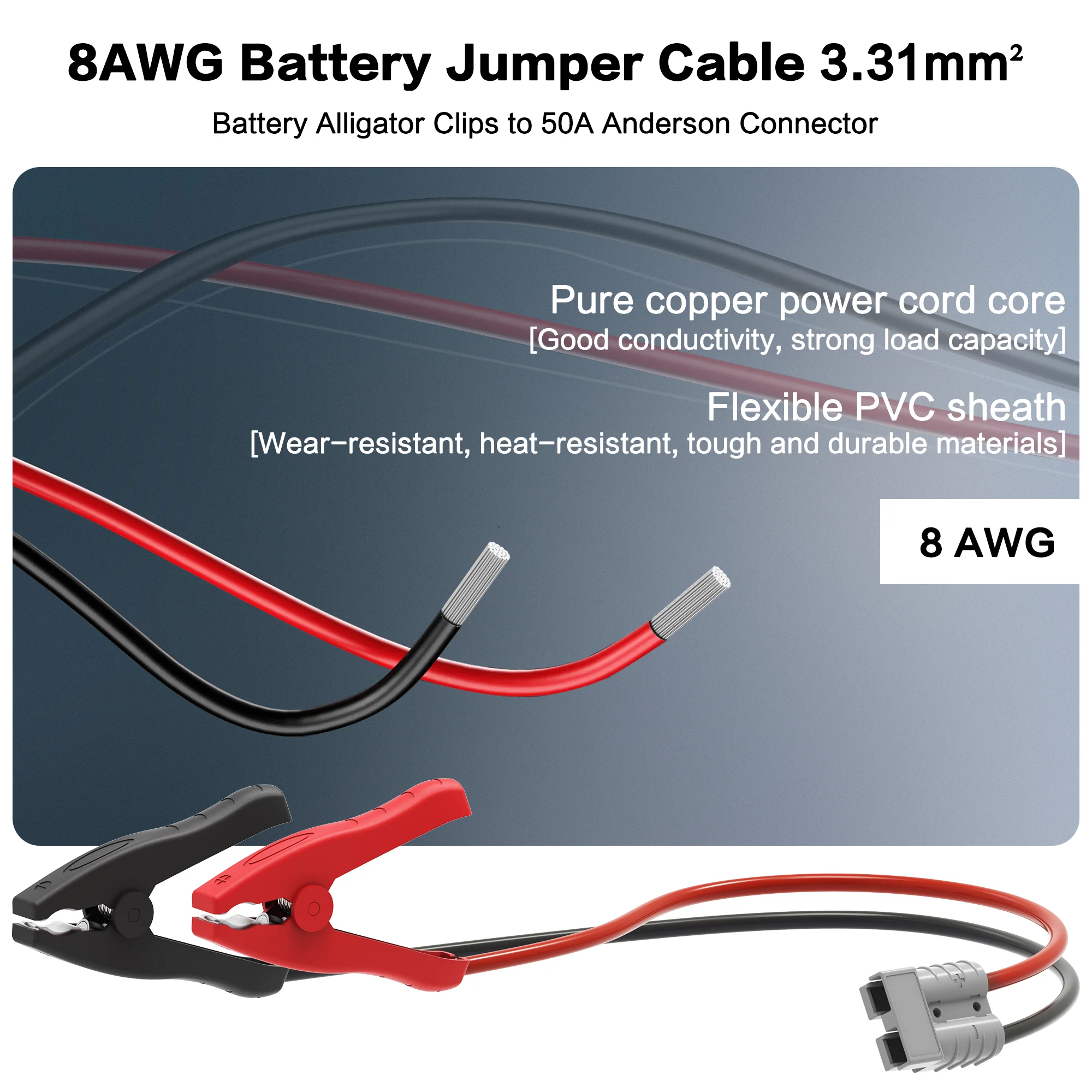 IZOSS 8AWG Alligator Clips to Anderson Connector Harness - 3.3FT Battery Jumper Cable with 50A Anderson Connector for Automotive
