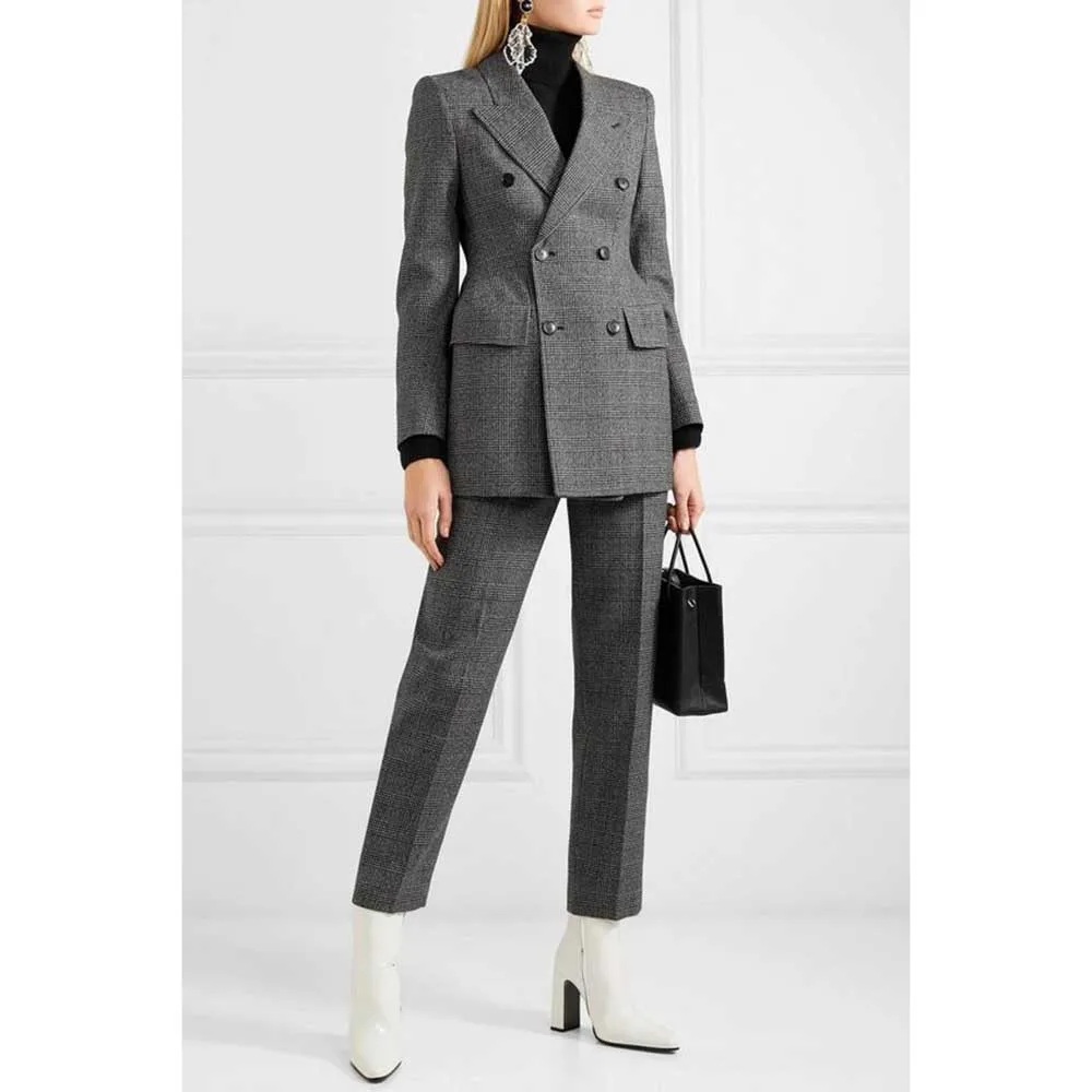 New Arrival Gray Suits for Women Fashion Double Breasted 2 Piece Jacket Pants Female Clothing Slim Fit Elegant Office Lady's Set