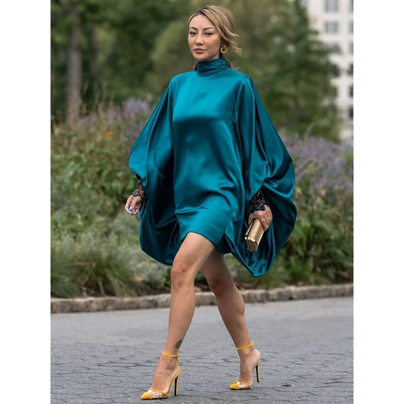 Krisnana Fashion Women Going Out Loose Batwing Sleeves Buttoned Solid Color Mini Dresses for Urban Original Creation Occassion