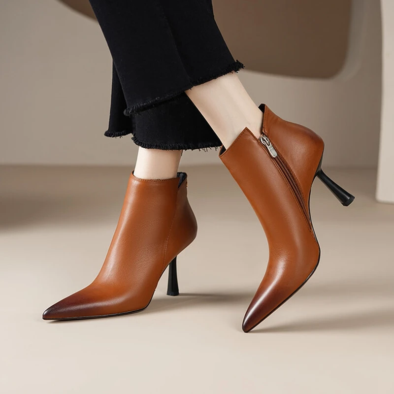 Autumn Boots Women Genuine Leather Shoes for Women Pointed Toe Ankle Boots Super High Heel Shoes Winter Thin Heel Modern Boots