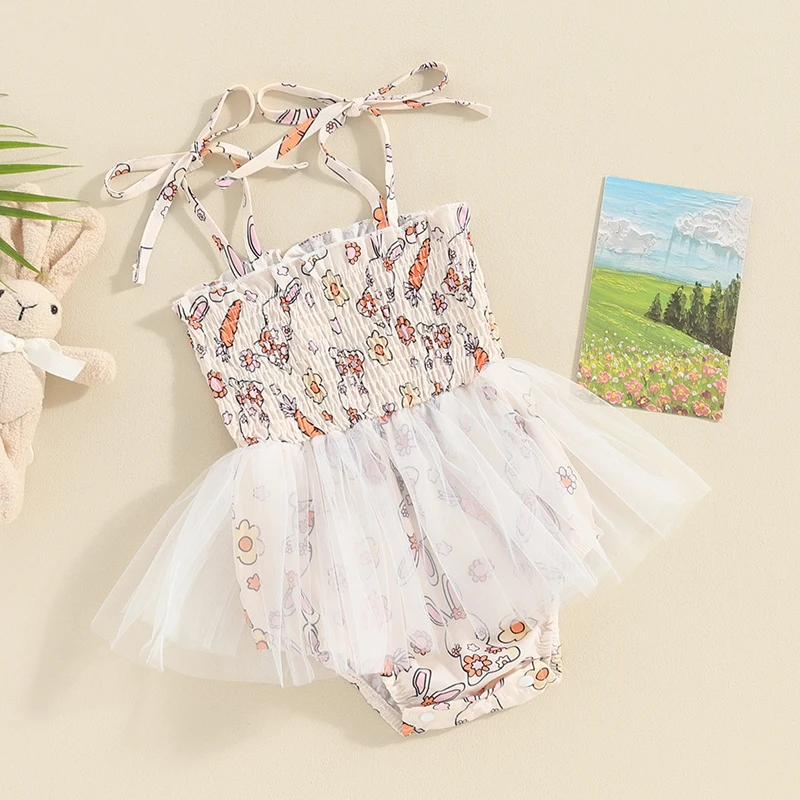 

Adorable Toddler Girl Easter Bunny Romper Dress with Ruffle Sleeve and Bow Detail Floral Print Tulle Skirt Jumpsuit