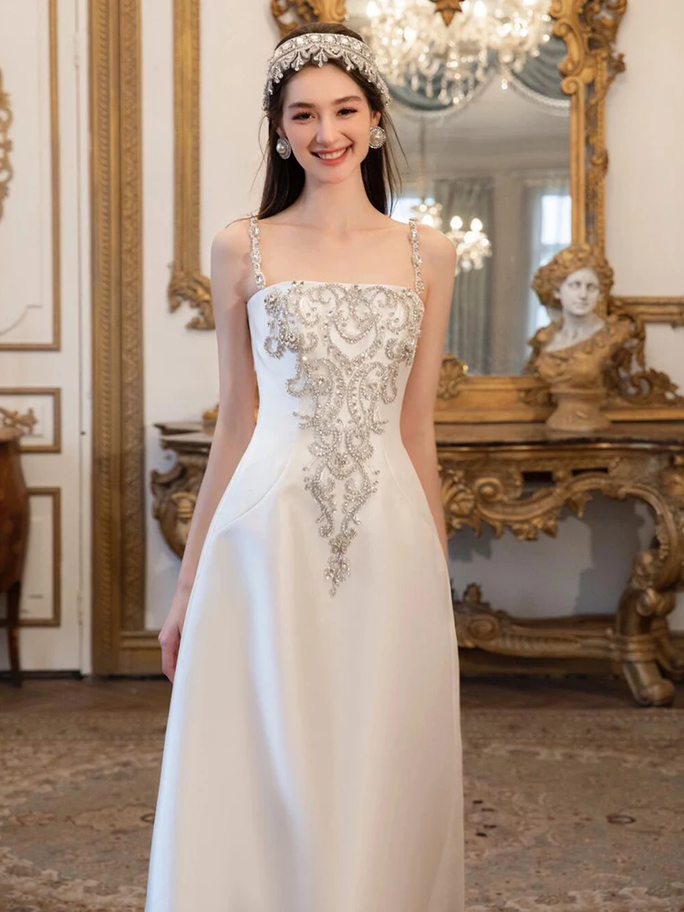 

Белое винтажное свадебное платье с бретельками для помолвки и встречи гостей, длинная юбка А-силуэта