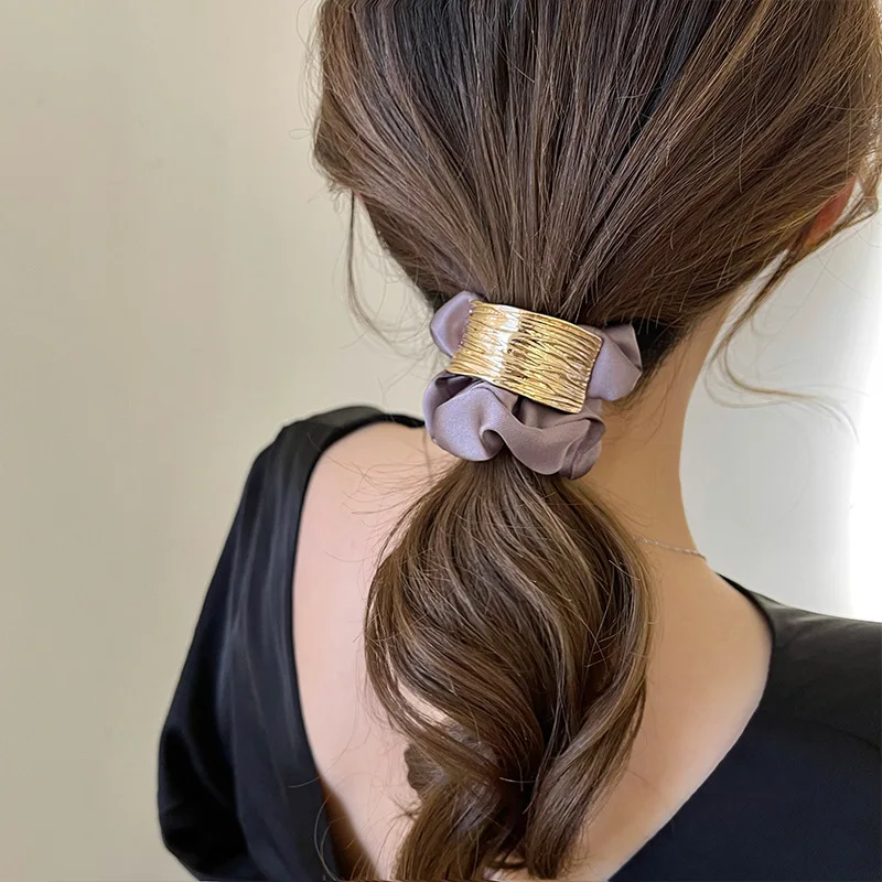 Korean Fashion Metal Buckle Hair Rope Women Satin Hair Scrunchies Elastic Hair Rubber Band Solid Color Ponytail Hair Accessories