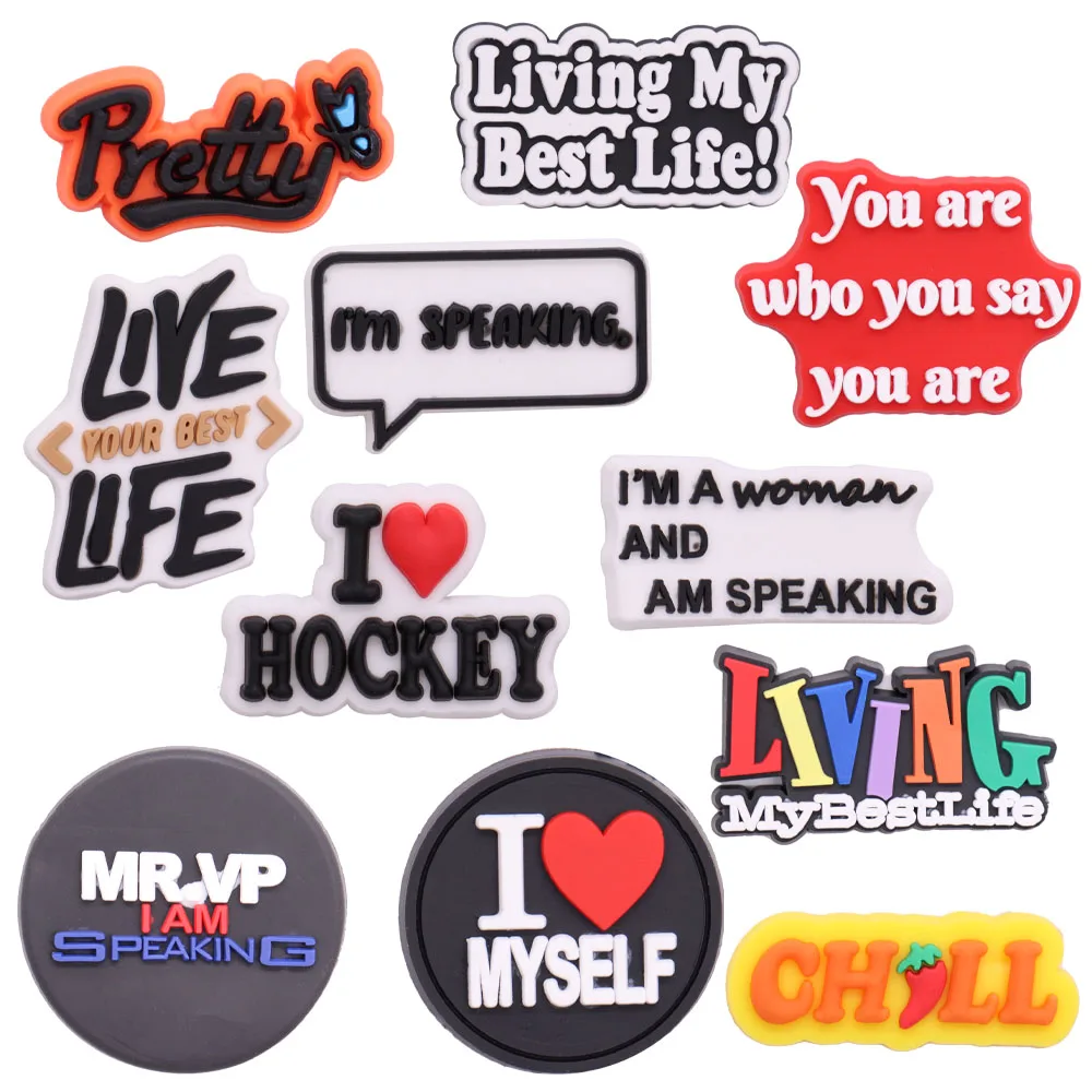 Single Sale 1PCS PVC Word Shoe Charms Pretty Living My Best Life Speaking Hockey Cheer Woman Hole Slipper Accessories Adult Gift