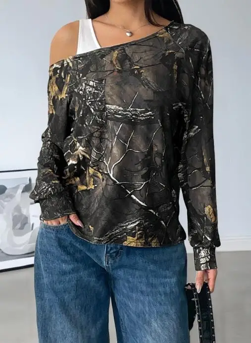 

New Autumn 2025 Spliced Fake Two-Piece Diagonal Shoulder Pullover T-Shirt for Women