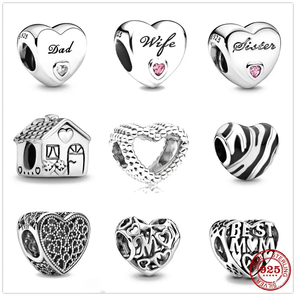 925 Sterling Silver sweet home house Dad Sister Mom wife love heart DIY fine beads Fit Original Pandora Charm Bracelet Jewelry