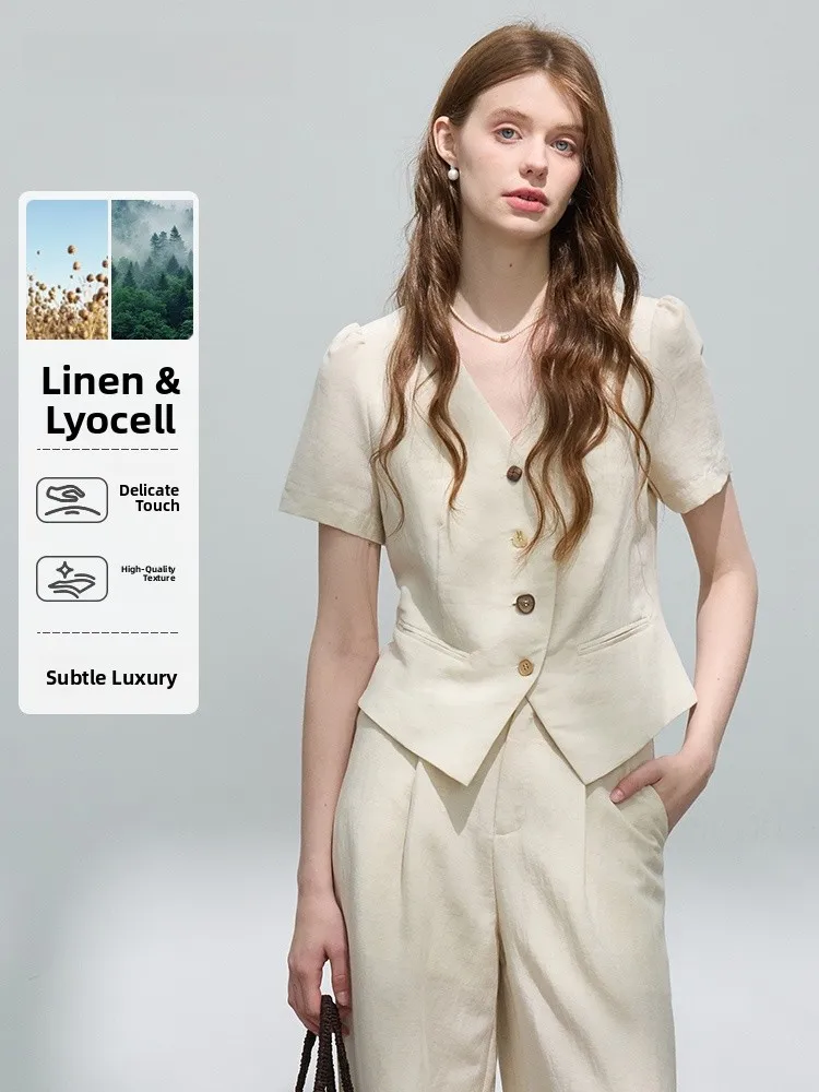 Summer Women's Linen V-neck Short Sleeve Suit Set Slimming Top Long Pants Two-piece Set Fashionable Casual Workwear
