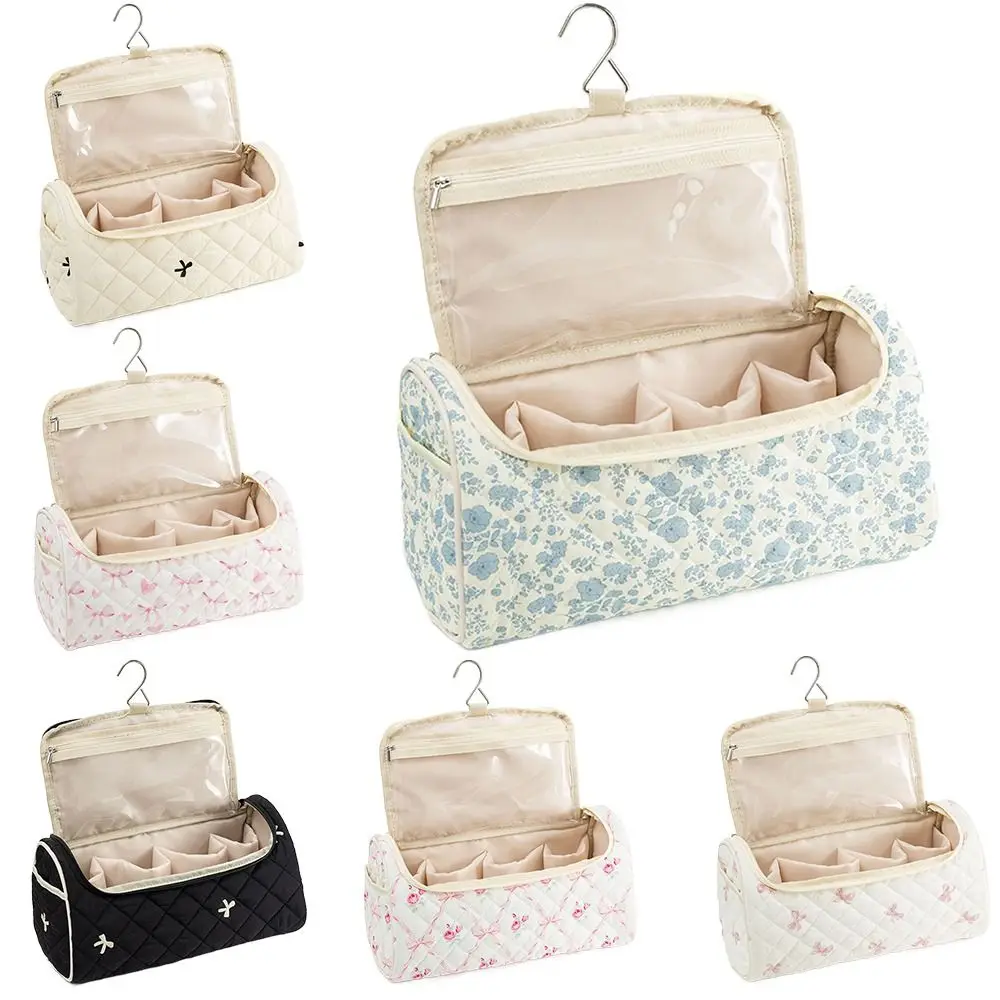 

Portable Quilted Travel Cosmetic Bag with Hanging Hook Cotton Cosmetic Handbag Large Capacity Storage Handbag for Girl
