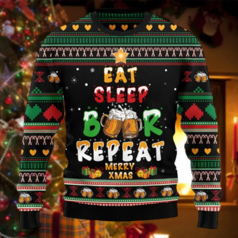 Merry Christmas Beer Pattern Ugly Christmas Sweater For Men Women Full Print Long Sleeve Sport Tracksuit Men's Xmas Sweatshirts