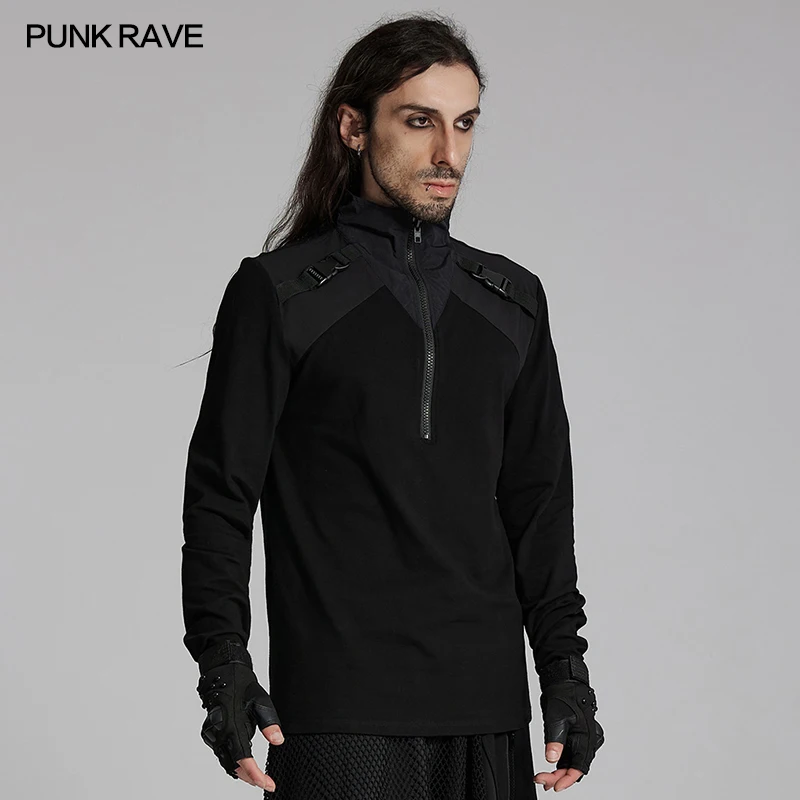 PUNK RAVE Men's Punk Techwear Style Long Sleeved Knitted Mesh T-shirt Handsome Cyberpunk Tops Men Clothing Streetwear