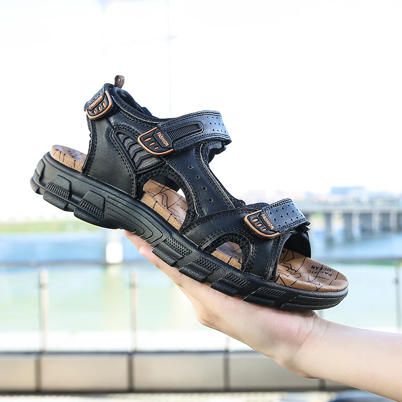 

YRZL Summer Sandals Men Breathable Beach Shoes Soft Comfortable Men Sandals Non Slip Lightweight PU Leather Big Size Shoes