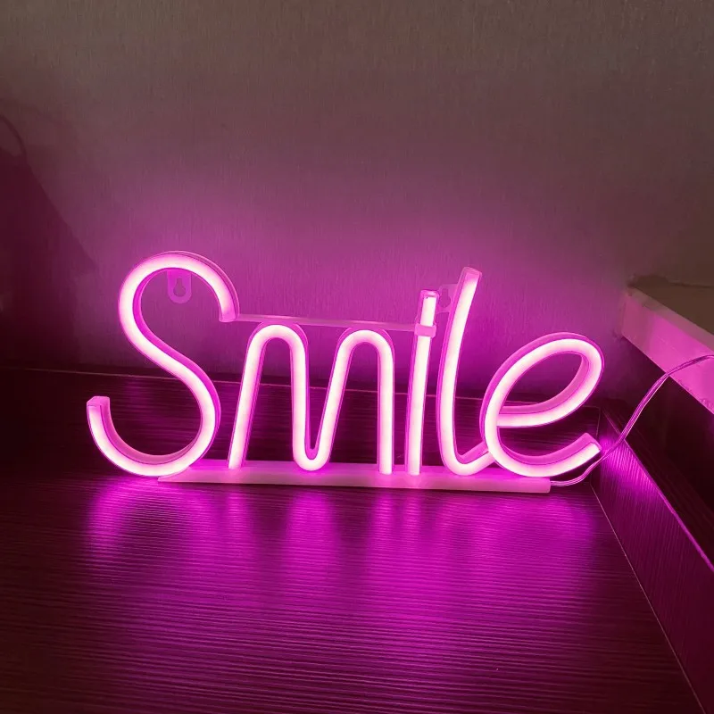 Smile Neon Sign Lights Wedding Birthday Party Decor Neon Light LED Sign for Bar Gaming Room Bedroom Wall Decoration Night Lamps