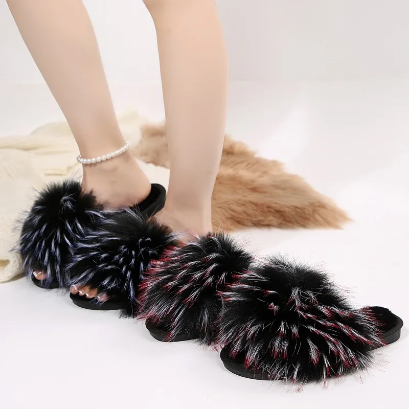 Winter Fashion Trend Versatile Home Casual Women's Cotton Slippers 2026 New Long Fluffy Mixed Tone Fur Open Toe Women Shoes