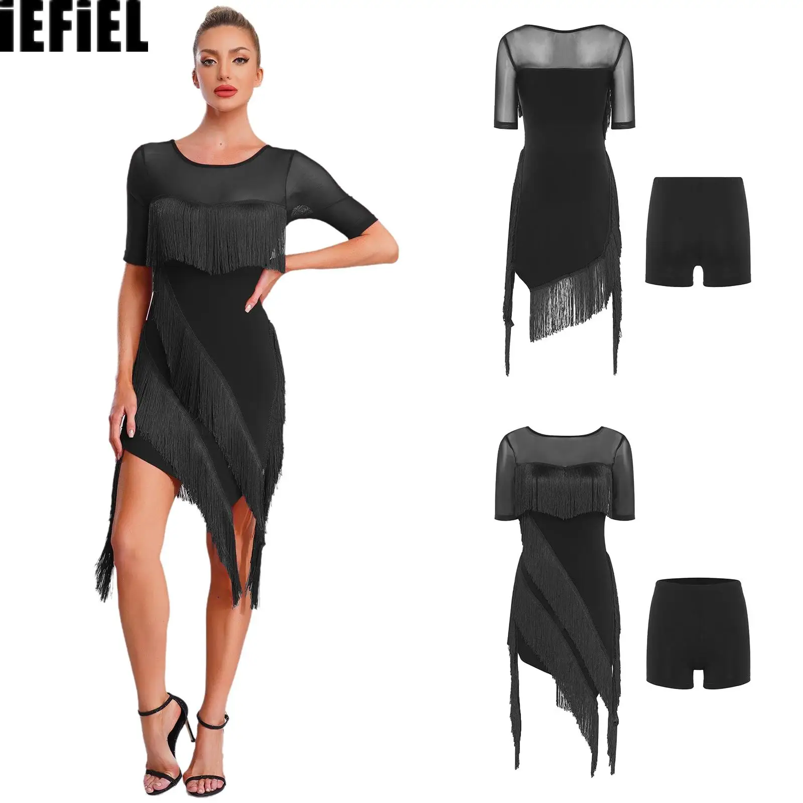 

Womens Latin Tango Dance Dress with Safety Tiered Tassel Irregular Hem Short Sleeve Mesh Shoulder Dress for Chacha Rumba Salsa