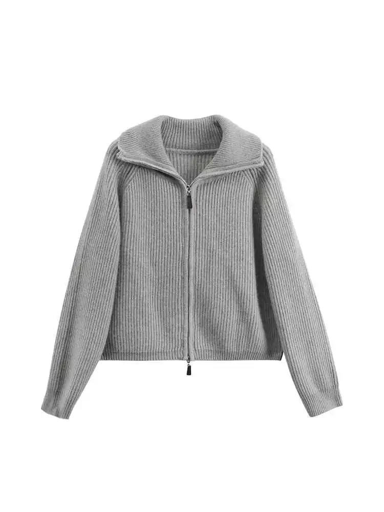 French Retro Gray Double Zipper Sweater Jacket For Women'S Autumn And Winter Thick High Neck Wool Outerwear