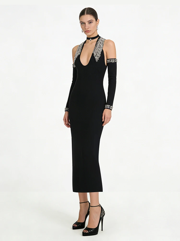 

Sexy Halter Neck Diamonds Bandage Dress With Gloves Women Black Sleeveless Backless Crystal Bodycon Midi Dresses Evening Party