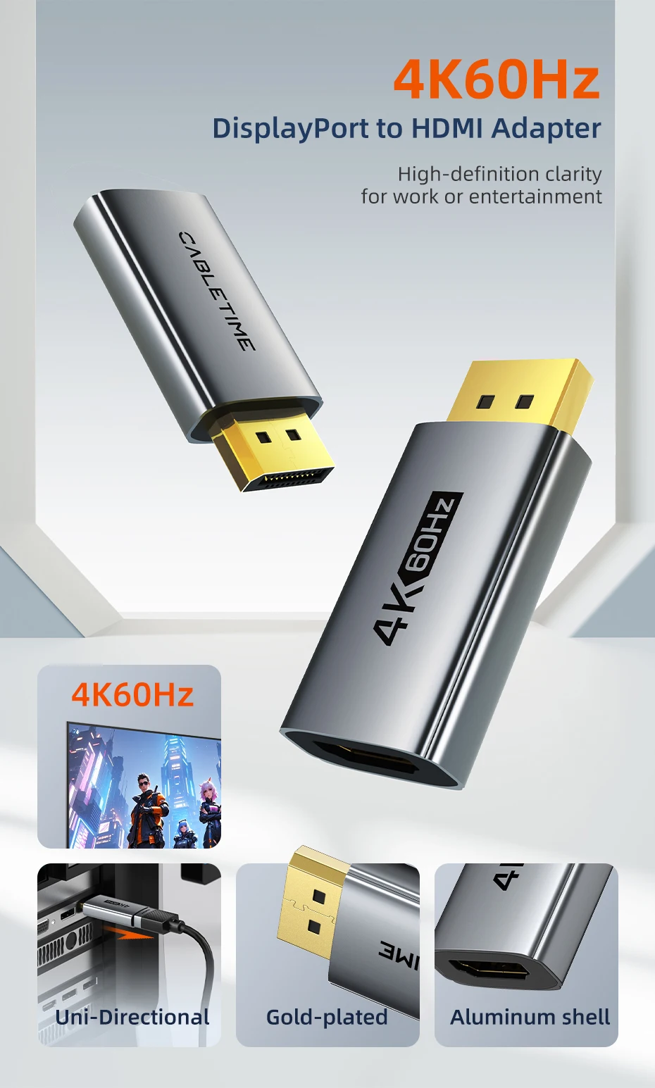 CABLETIME 4K60Hz DP zu HDMI Adapter Display Port zu HDMI Konverter DP Stecker auf HDMI Buchse Konverter für PC TV Laptop Projektor – Detail 1