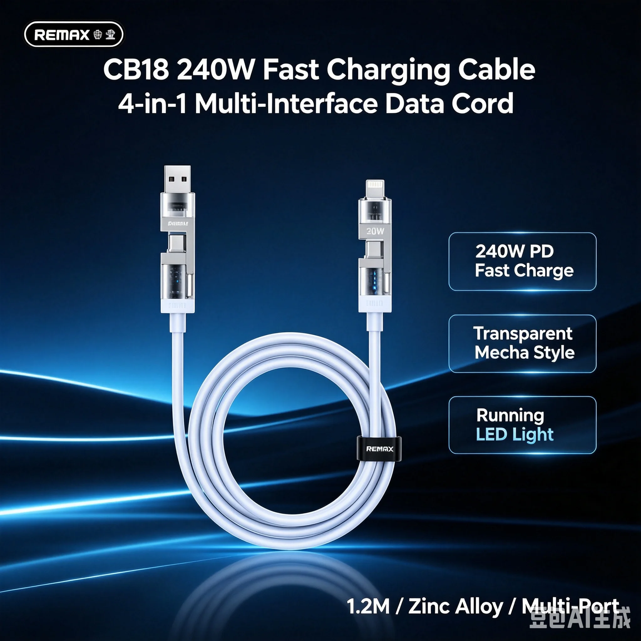 REMAX CB18 4‑in‑1 Multi‑Functional Charging Data Cable Zinc Alloy With Rhythm Running LED Light 1.2M