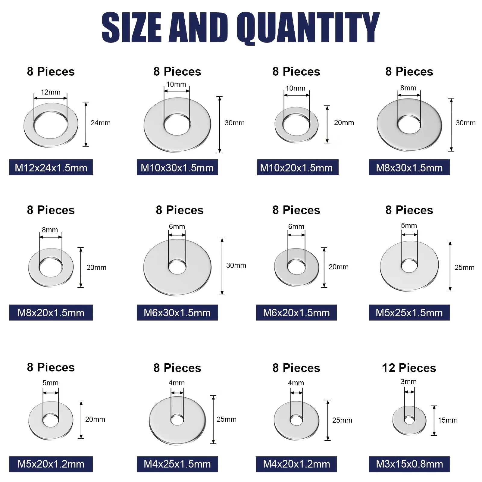 18-8(304) Stainless Steel Fender Washers, Flat Washers for Screws and Bolts, 100pcs Metal Washers Kit (12 Sizes M3-M12), Assorte image 2