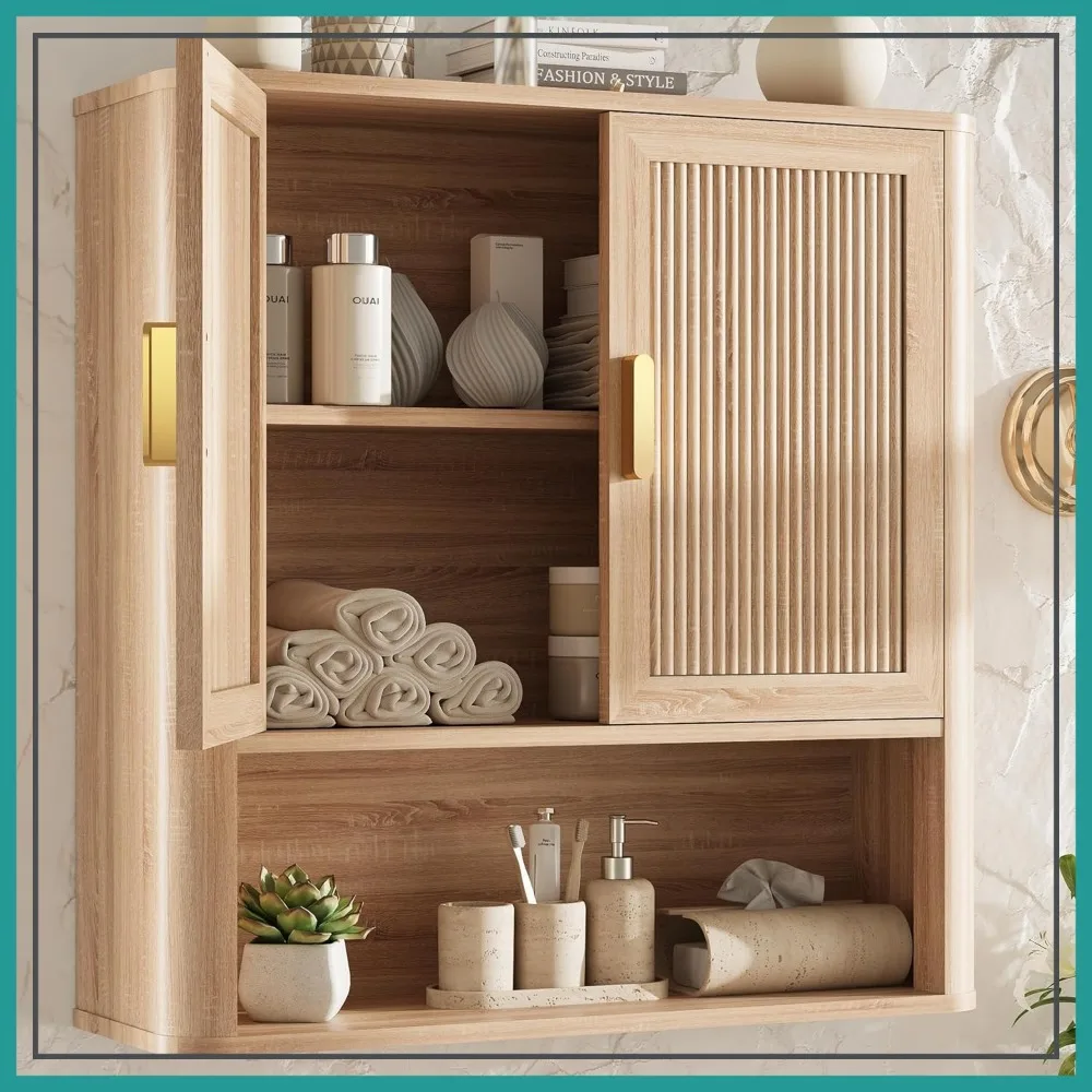 

Wall Mounted Bathroom Storage Cabinet with Adjustable Wood Shelf & Doors, Over Toilet Organizer for Laundry Room, Natural Oak