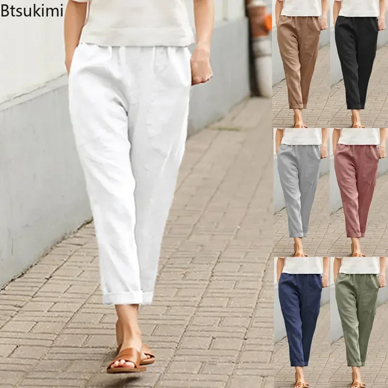New Spring Summer Women's Cotton Linen Pants Solid Elastic Waist Oversized Casual Pants Women Straight Loose Homewear Trousers