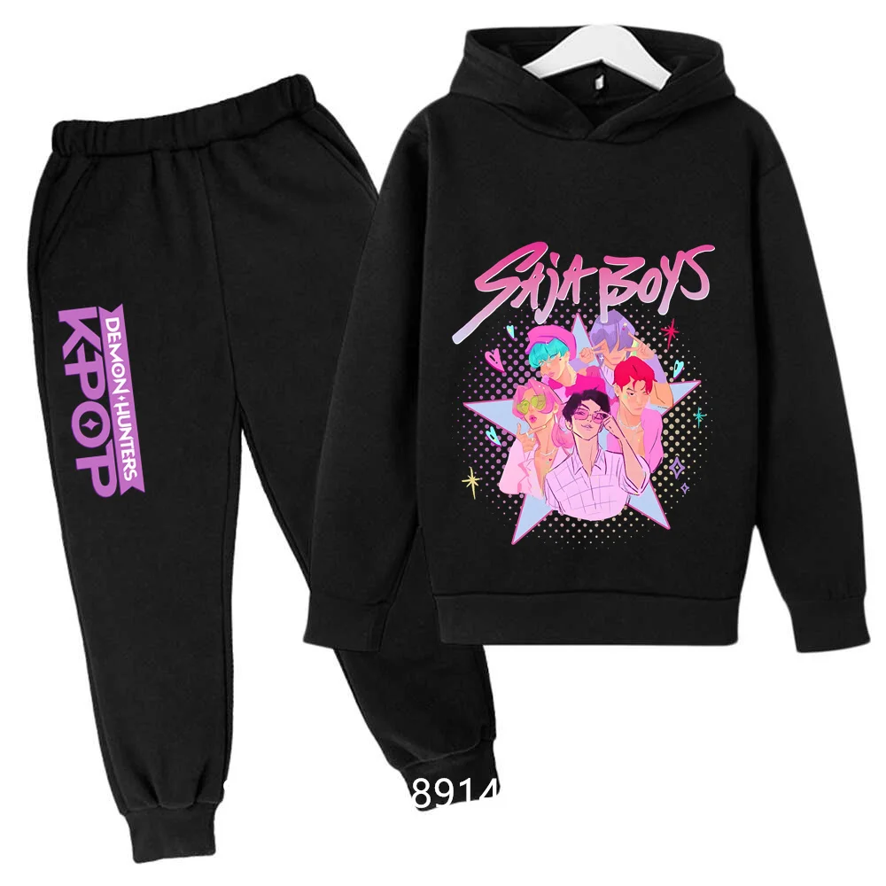 

Cartoon Kpop Demon Hunters Boys Kids Hoodie Set Girls Autumn Purple Soft Warm Fashion Anime Print Cozy 2-Piece Wear​