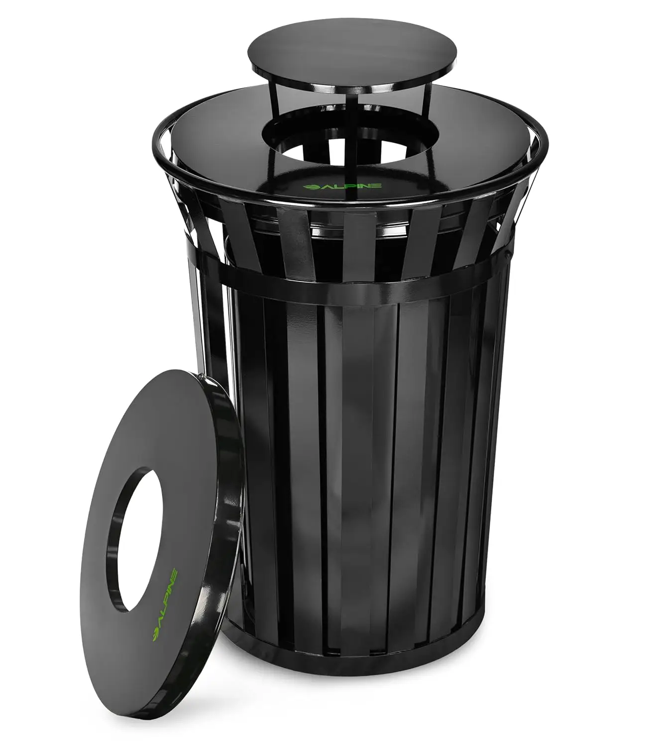 Commercial Outdoor Trash Can, 38 Gallon Heavy Duty Metal Garbage Can with Liner, Flat Lid and Rain Bonnet Lid, All Weather Res