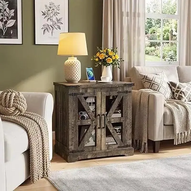 Farmhouse Barn Door Side Cabinet 2 Door Rustic Solid Oak Locker for Living Room Entrance