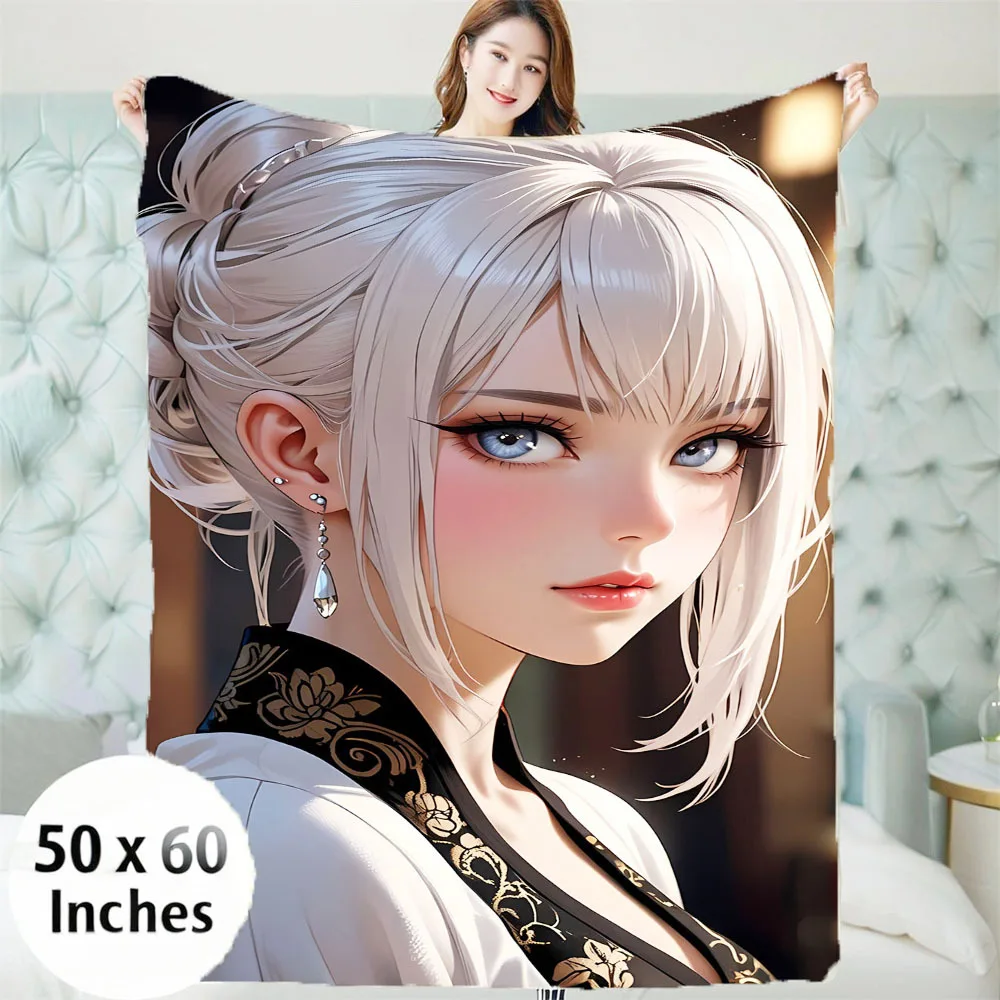 Close-up of a sexy anime beauty Flannel printed blanket suitable for all seasons suitable for living room office sofa and travel