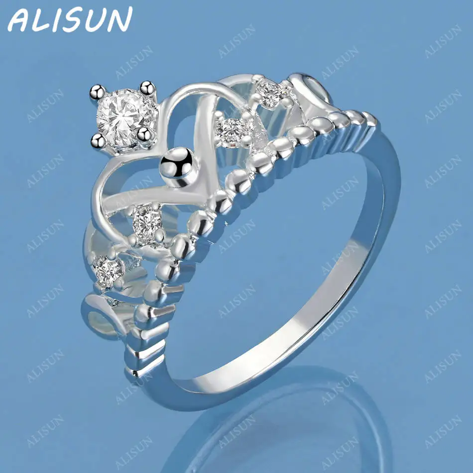 

ALISUN 925 Sterling Silver Zircon Crown Fine Ring For Women Fashion Jewelry Charm Grace Wedding Engagement Accessories