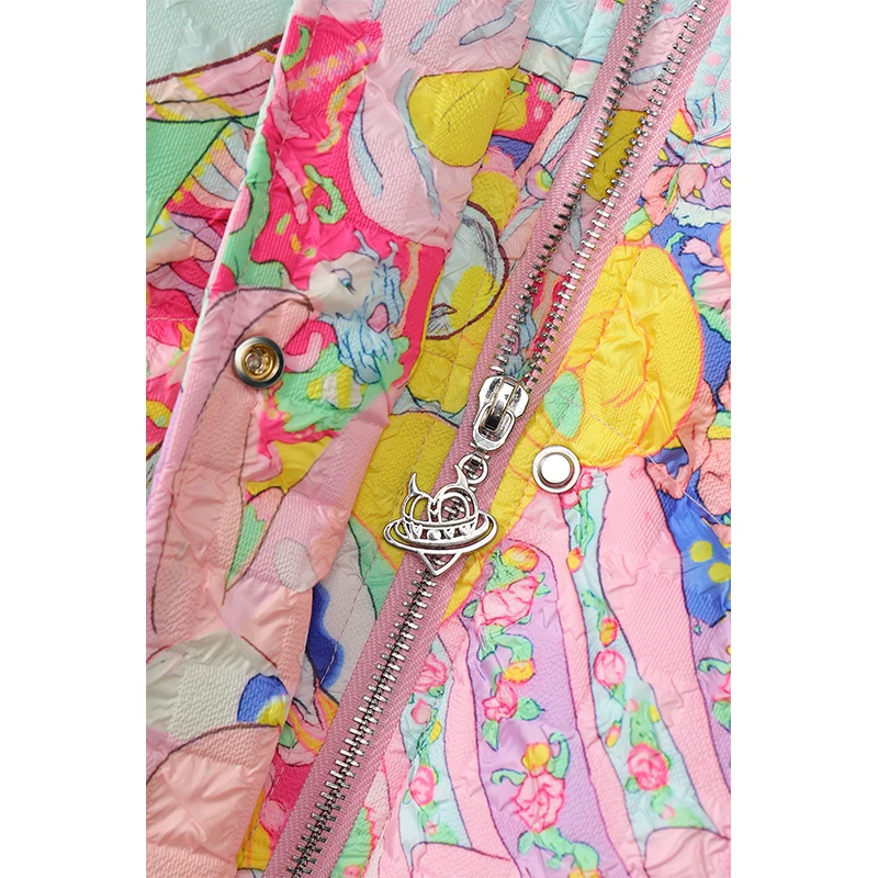 ELFSACK Y2K Sweet Playful Loose Original All Over Graphic Lapel Bomber Down Jacket For Women