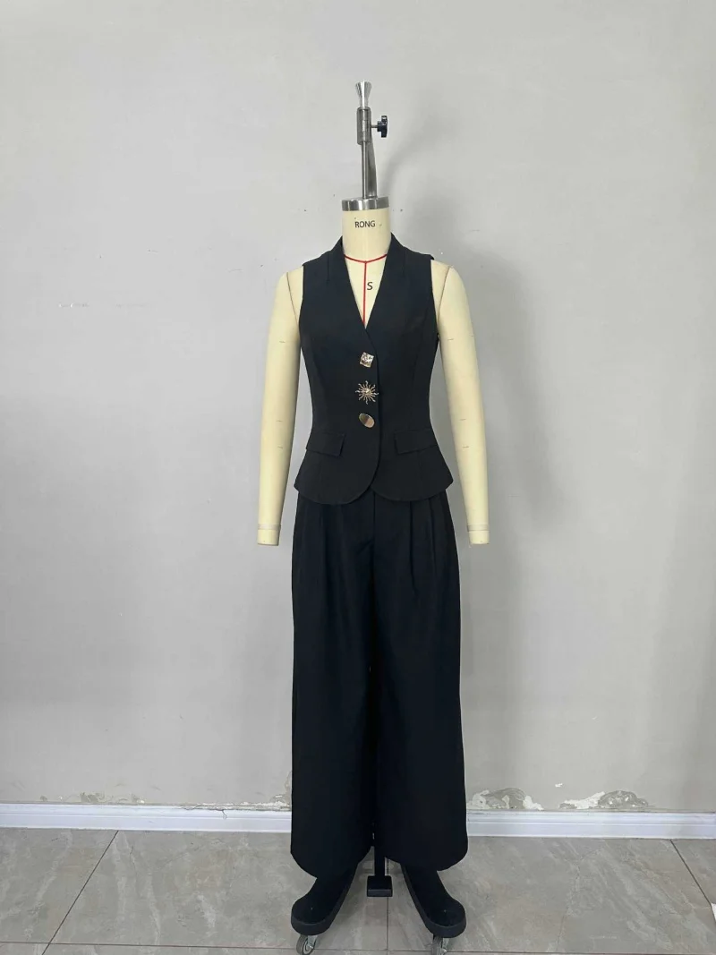 Elegante 2-teilige Sets Damen Outfits Sommerkleidung Damen ärmellose Weste Top weites Bein Hosen Sets OL Stil zweiteilige Damen-Sets