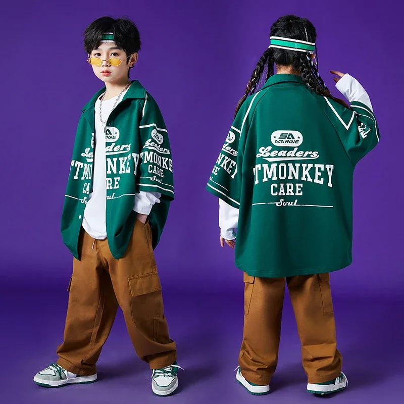 pants For Girls Boys Jazz Dance Costume Showing Clothes Kids Teen Ballroom Hip Hop Clothing Green Graffiti Shirt Top Khaki Cargo