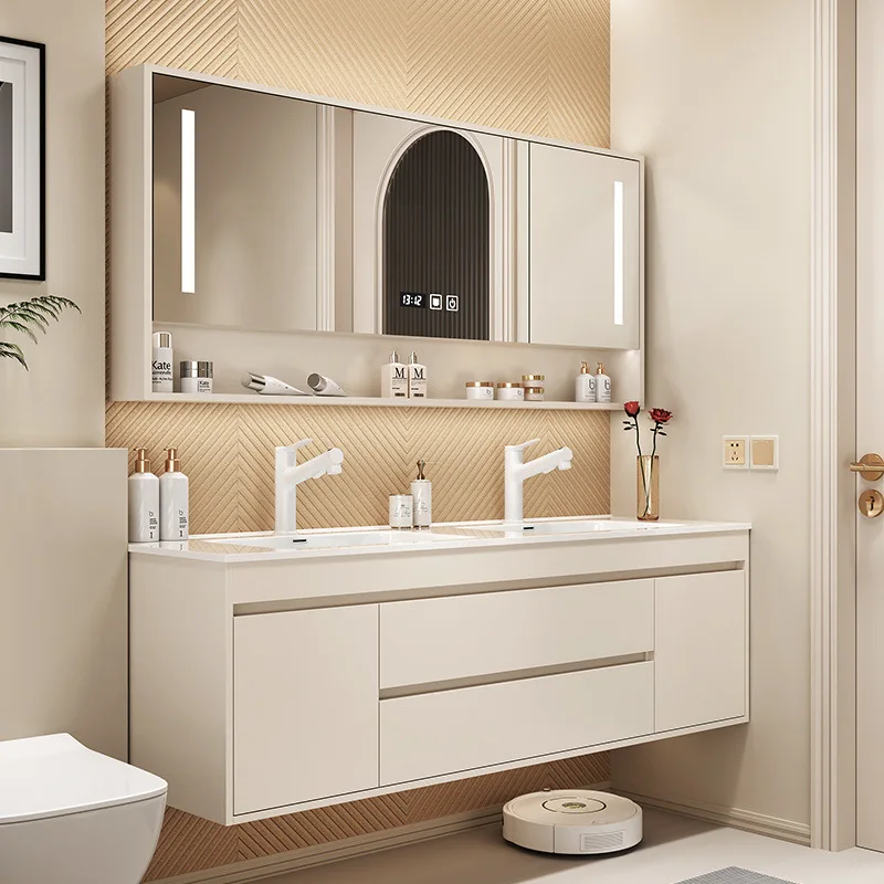 

Solid wood smart bathroom cabinet combination ceramic integrated basin double basin sink wash