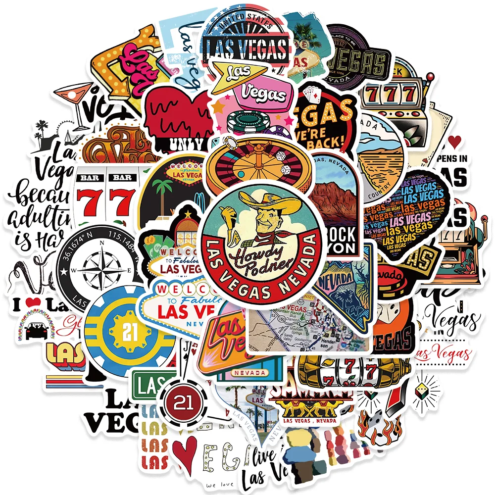 50 pz Vintage Las Vegas adesivi cartone animato impermeabile Graffiti fai da te adesivo decorazione Scarpbook Skateboard Laptop Notebook Diary