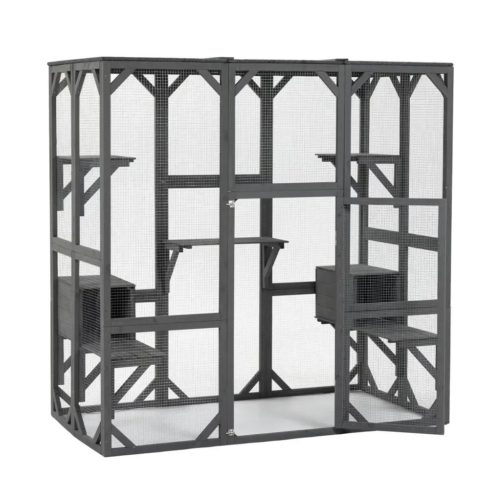 Outdoor Cat House Wooden Catio Enclosure w/Cover- Large Cat Cage with Jump Platforms and Condos, Weatherproof Grey