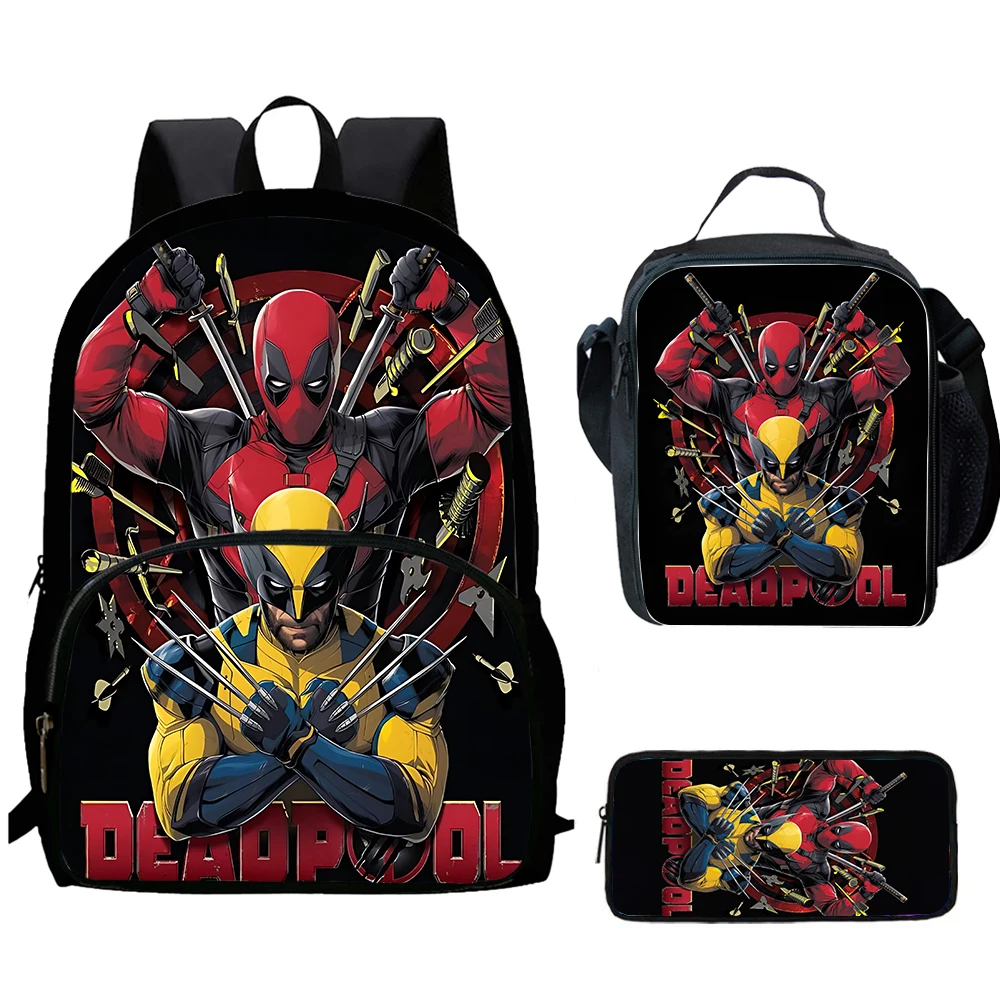 3Pcs Set Movie Deadpools School Backpack,Lunch Bags,Pencil Case Cartoon School Bags for Boys Girls Suitable for 4-8 Years Old