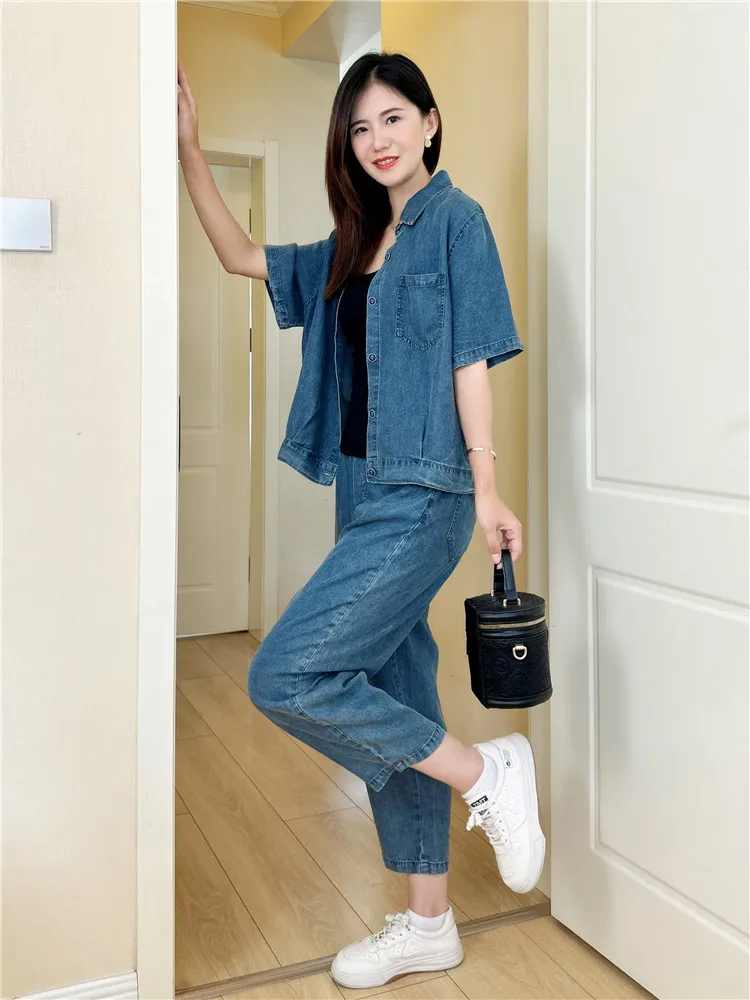 

Комплект из тонкого денима больших размеров для женщин, лето 2025, новинка, модный, с широкими брюками, комплект из двух предметов, стильный