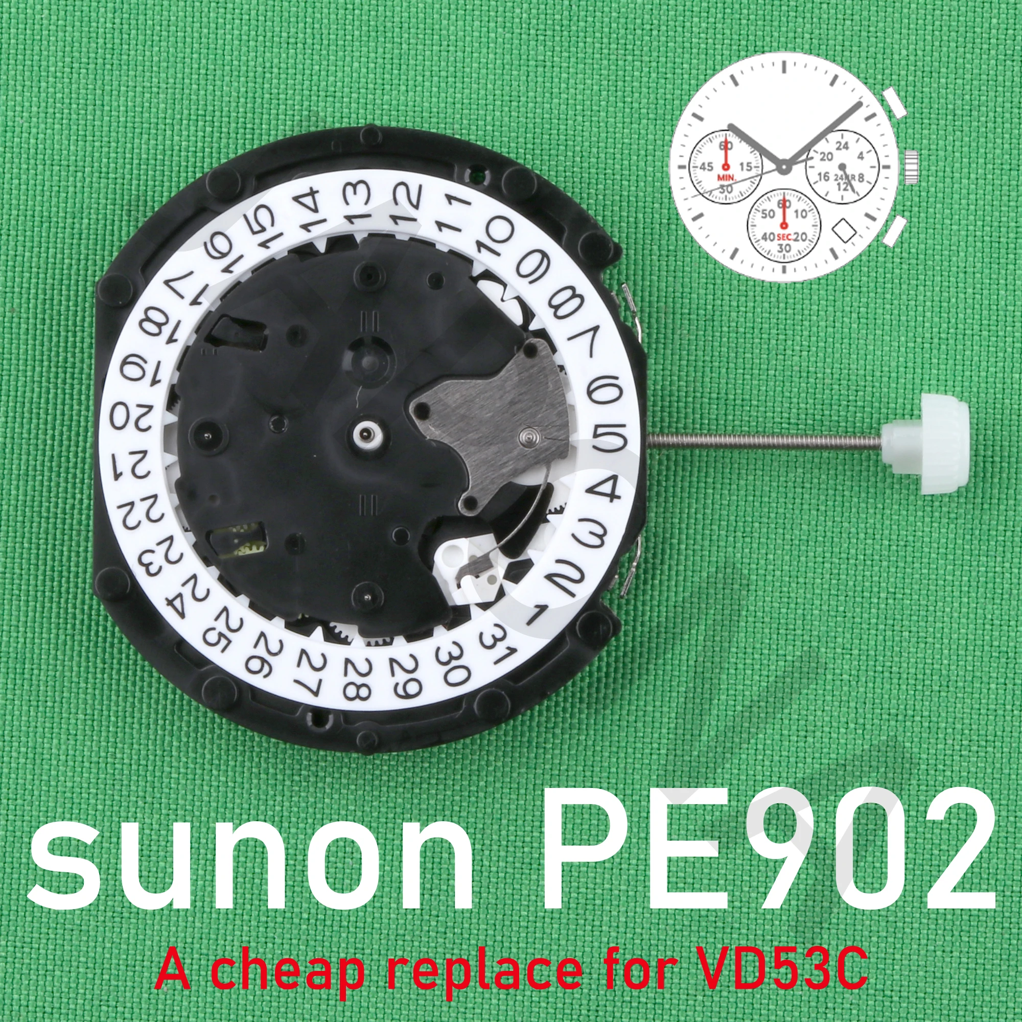 Pe902 Beweging Sunon Pe90 Beweging Een Goedkope Vervanging Voor Vd53c Beweging 3 Ogen & Datum Kleine Chrono Seconde & Minuut, 24 Uur