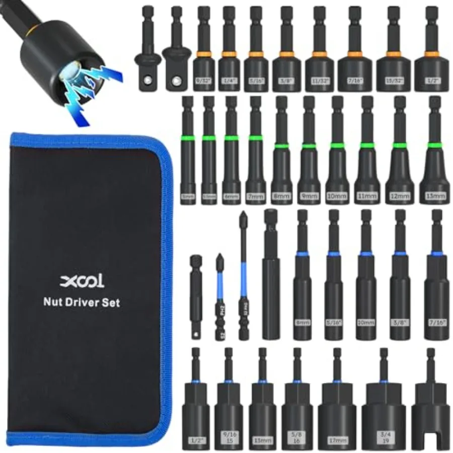 36PCS Magnetic Nut Driver Set Metric and SAE Nut Driver Set for 1/4" Quick-Change Hex Shank Impact Drill Driver Bit Set with St