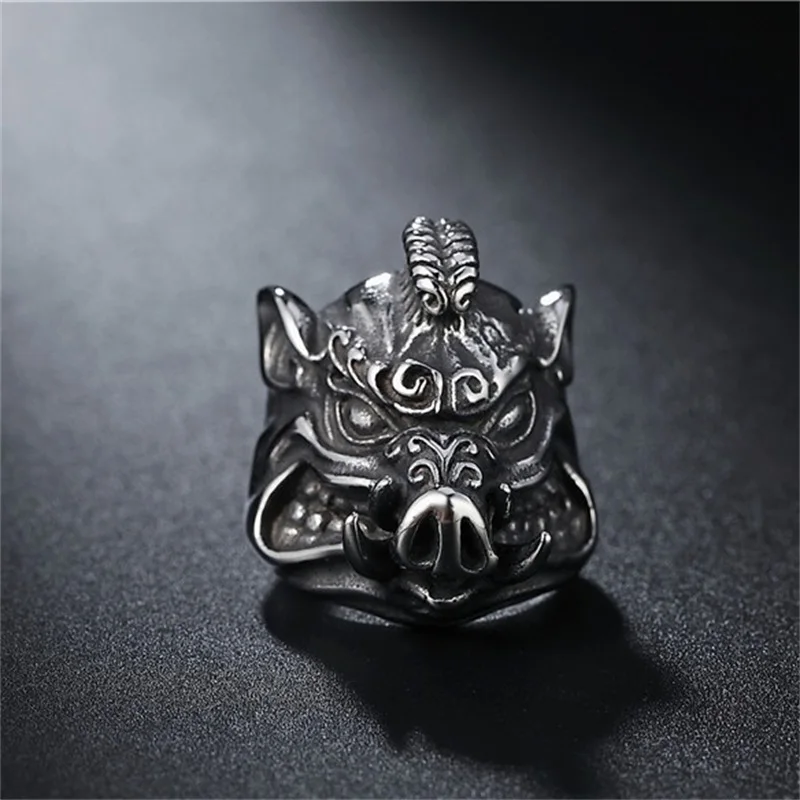 Viking wild boar head ring fashion accessories stainless steel animal wild boar head personality men and women ring Viking jewel