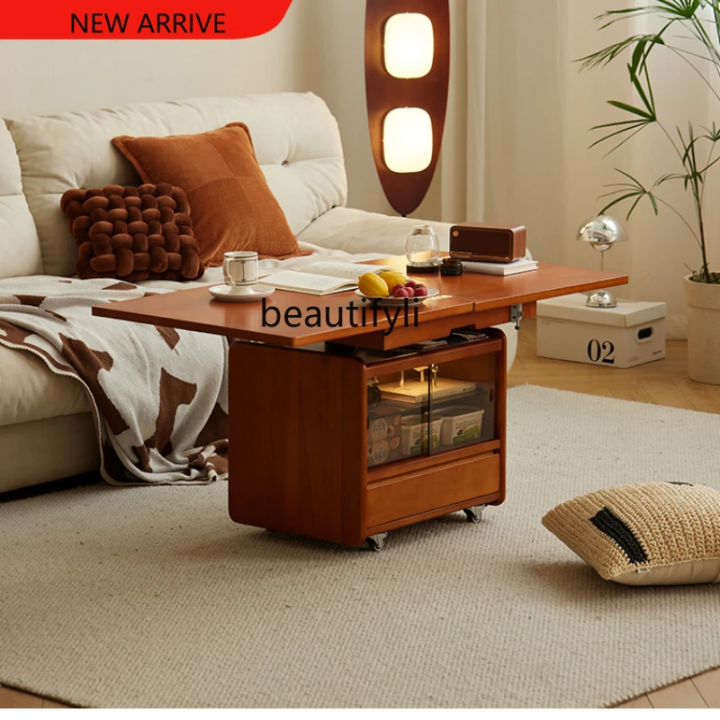 X Solid Wood Lifting and Foldable Coffee Table Movable Side Table Trolley Tea Table Side Cabinet Multi-Function with Wheels